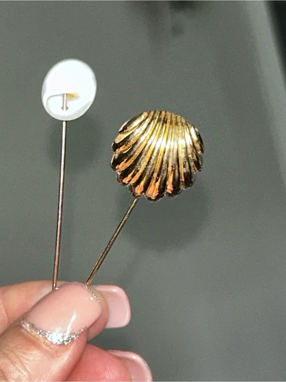 Large Gold Half Shell Lapel Pin & White Snail Shell(?) - Both EUC